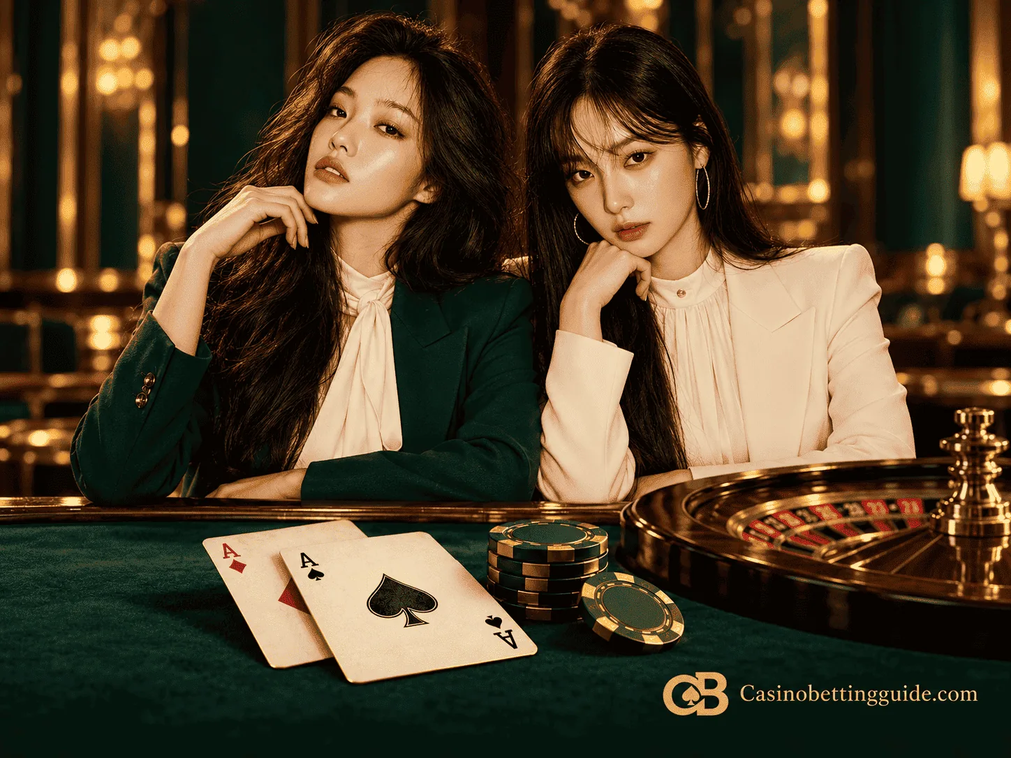 Dua perempuan di meja kasino dengan kartu, cip, dan roda roulette, berlogo Casinobettingguide.com