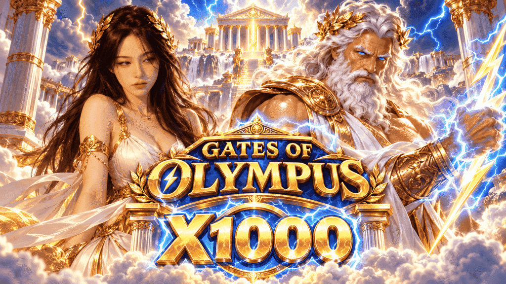 Ilustrasi Zeus dan perempuan memegang petir di istana Olympus dengan tulisan Gates of Olympus X1000 dan Pragmatic Play.