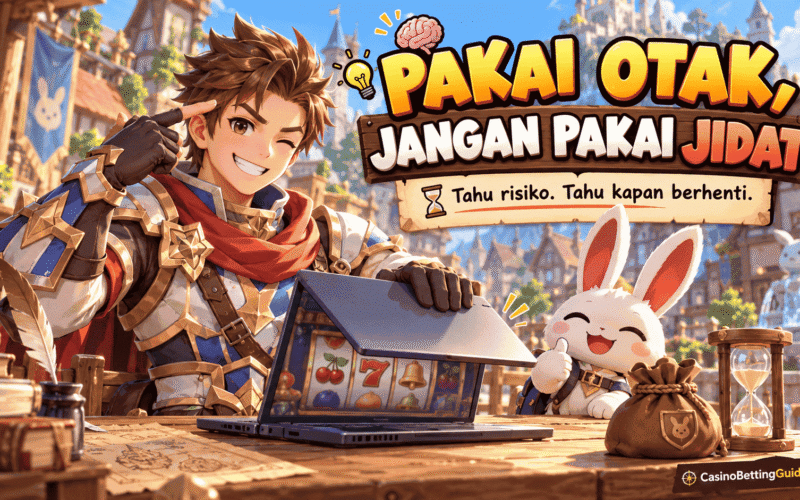 Petualang bergaya Seal Online menutup permainan slot, ditemani karakter kelinci, dengan pesan “Pakai otak, jangan pakai jidat tahu risiko, tahu kapan berhenti