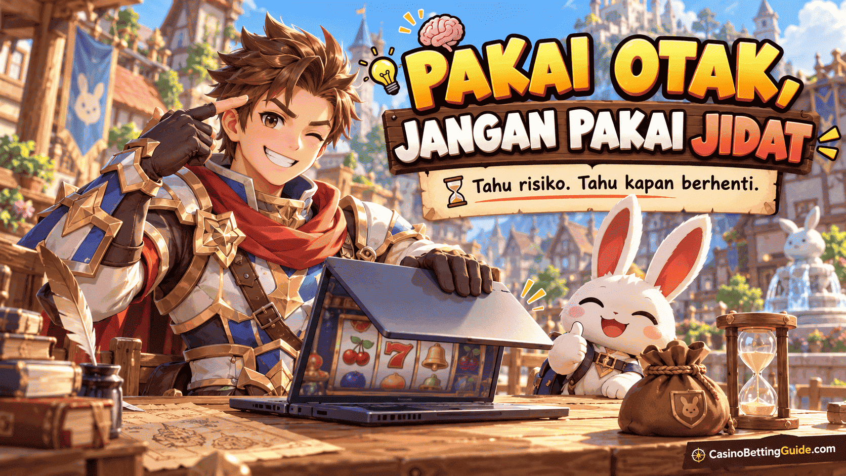 Petualang bergaya Seal Online menutup permainan slot, ditemani karakter kelinci, dengan pesan “Pakai otak, jangan pakai jidat tahu risiko, tahu kapan berhenti