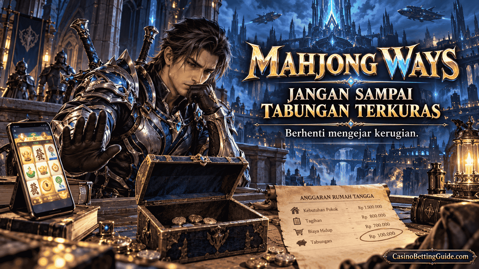 Prajurit bernuansa Cabal Online menolak melanjutkan Mahjong Ways di samping peti tabungan yang hampir kosong, dengan pesan “Jangan sampai tabungan terkuras.