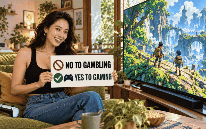 A smiling woman holding a ‘No to Gambling, Yes to Gaming’ sign beside a television displaying an adventure game.