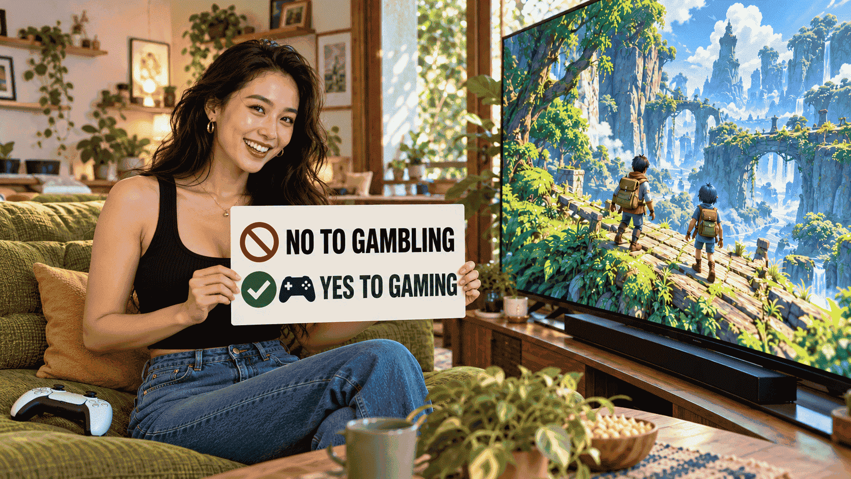 A smiling woman holding a ‘No to Gambling, Yes to Gaming’ sign beside a television displaying an adventure game.