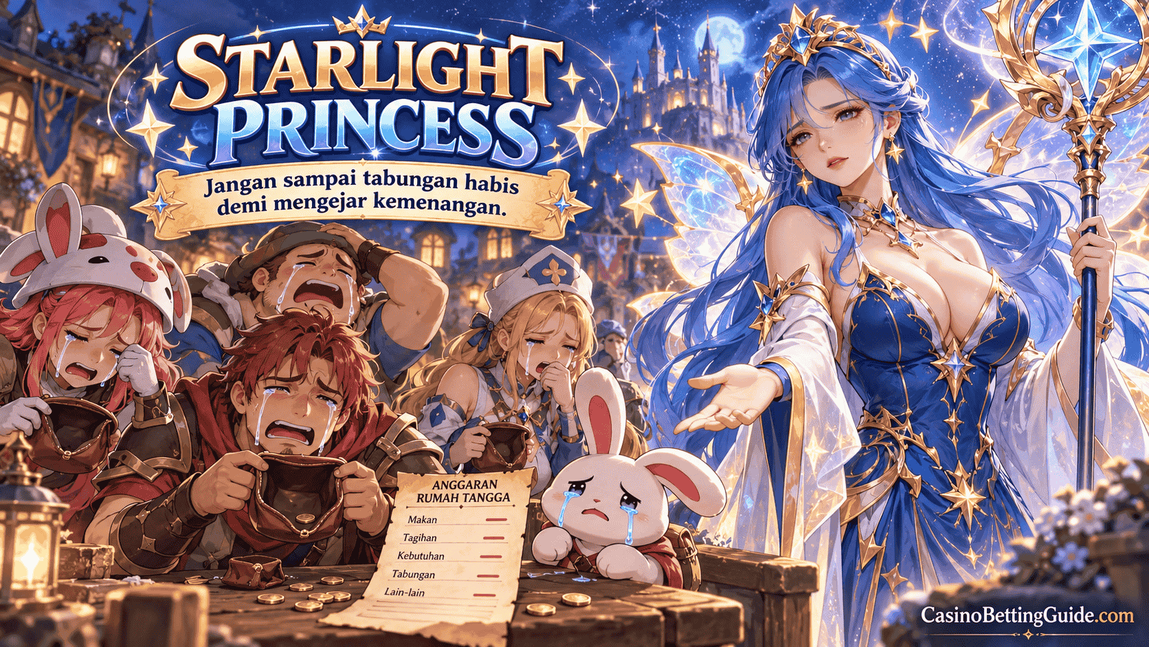 Starlight Princess dewasa mengenakan gaun biru elegan, dikelilingi petualang bernuansa Seal Online yang menangis sambil memegang kantong uang hampir kosong.