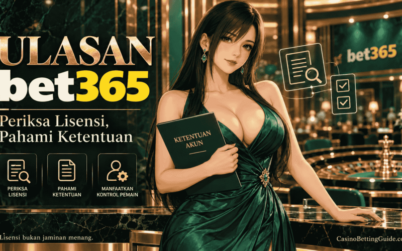 Wanita anime dewasa bergaun hijau memegang dokumen ketentuan akun untuk ilustrasi ulasan bet365 tentang lisensi dan kontrol pemain.