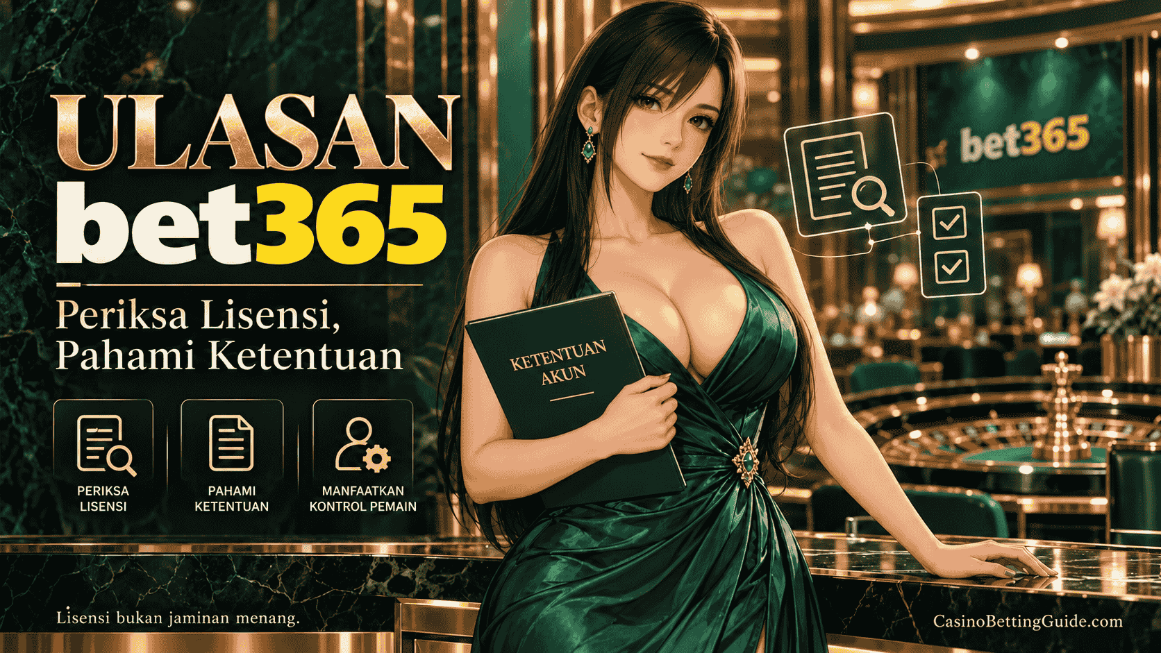 Wanita anime dewasa bergaun hijau memegang dokumen ketentuan akun untuk ilustrasi ulasan bet365 tentang lisensi dan kontrol pemain.