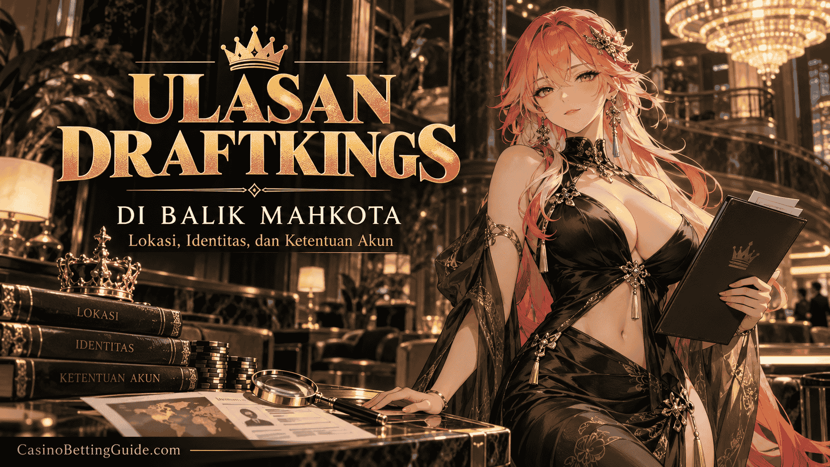 Changli dewasa mengenakan gaun hitam elegan sambil memegang dokumen untuk sampul ulasan DraftKings tentang lokasi, identitas, dan ketentuan akun