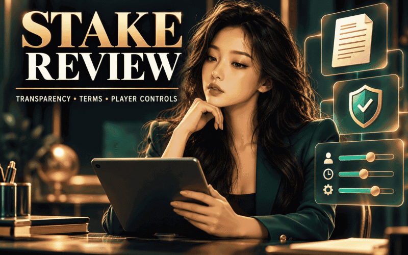 Stylized woman reviewing a tablet beside document, shield, and player-control icons for a Stake review.