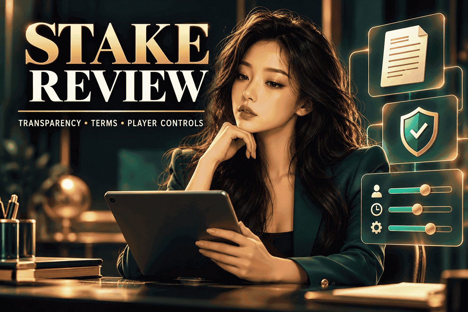 Stylized woman reviewing a tablet beside document, shield, and player-control icons for a Stake review.