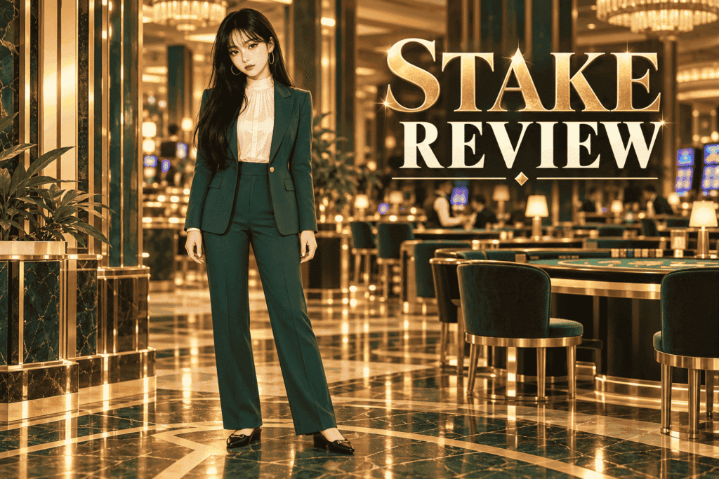 Ilustrasi perempuan mengenakan setelan hijau zamrud di kasino dengan tulisan Stake Review.