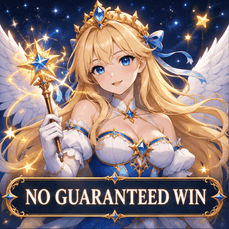 Animated Starlight Princess-inspired character with sparkling stars and a ‘No Guaranteed Win’ banner, illustrating that slot gacor claims do not guarantee winnings